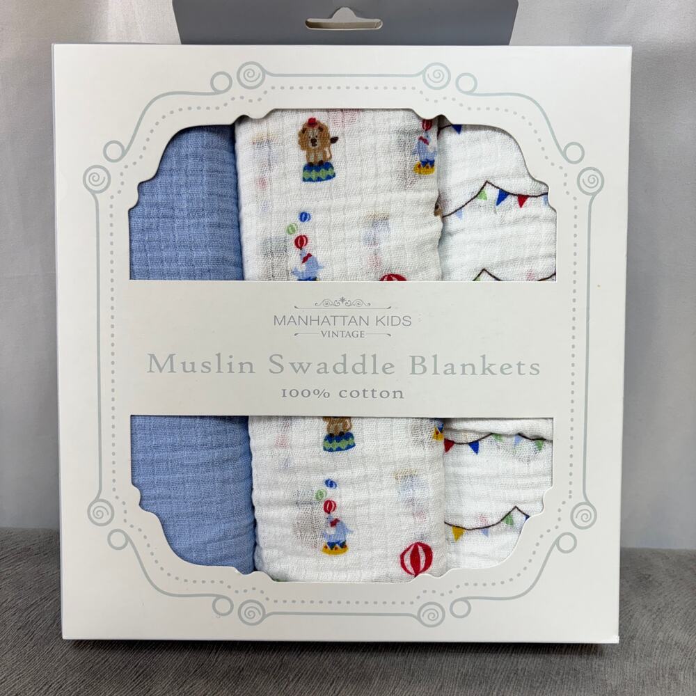 Muslin Swaddle Baby Blankets Circus Set of 3 Cotton Manhattan Kids Vintage New